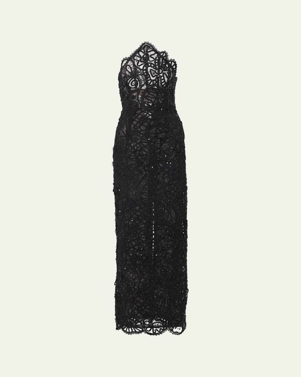 Lace Sequined Curved Strapless Column Gown